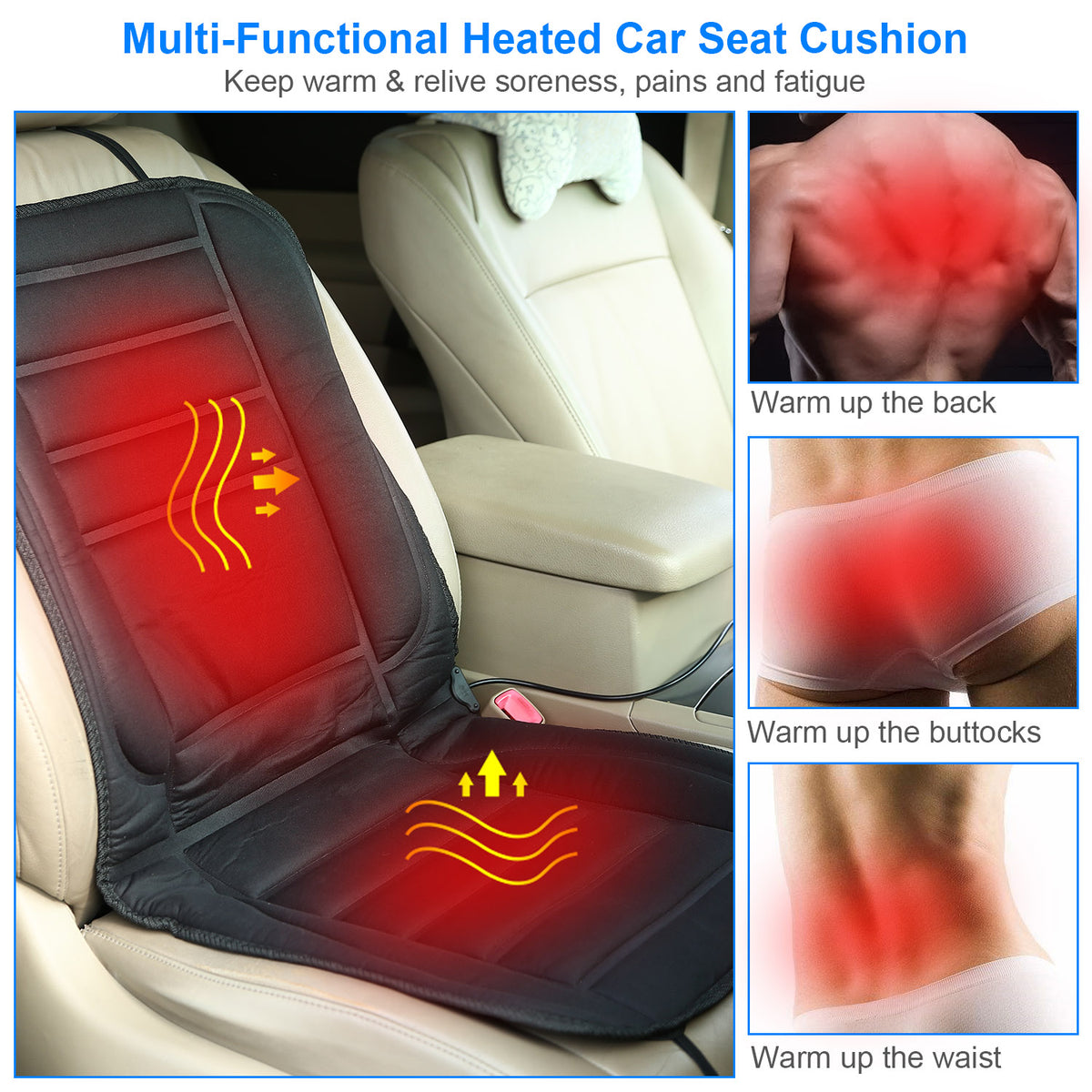 Zelorica black 12V heated car seat cushion with adjustable low and high heat settings for cold-weather driving comfort.