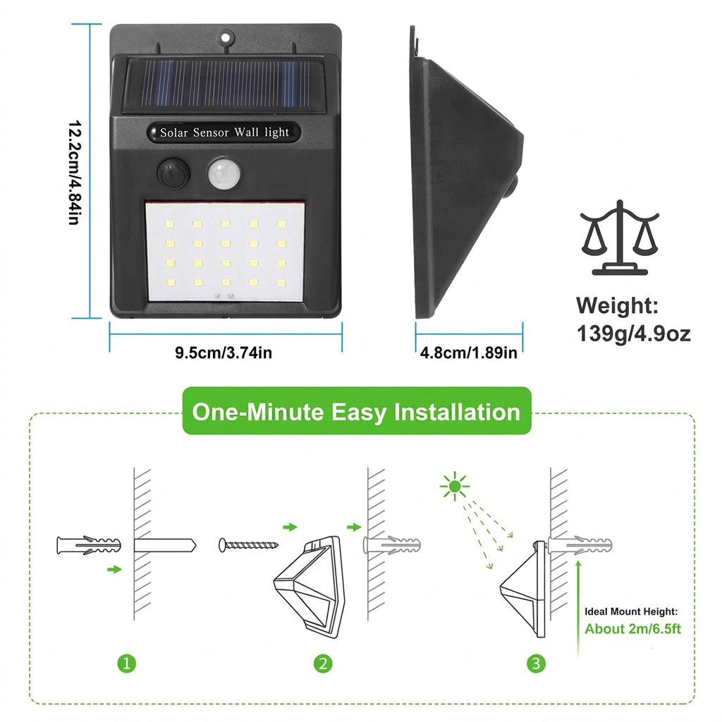 Outdoor solar security light with a built-in rechargeable battery and solar panel for lighting without an external power connection.