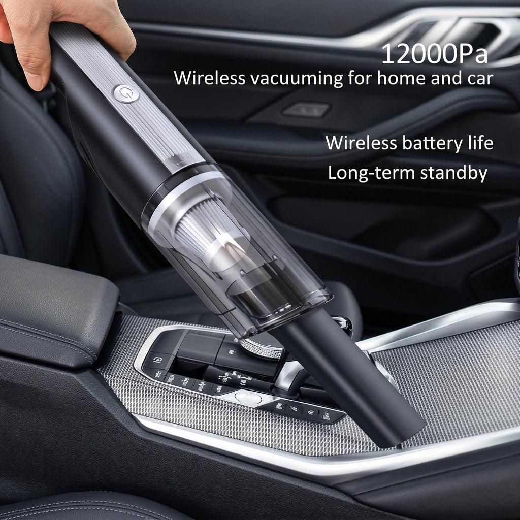 Portable handheld vacuum for cleaning cup holders, seat gaps, and other small areas inside a vehicle.