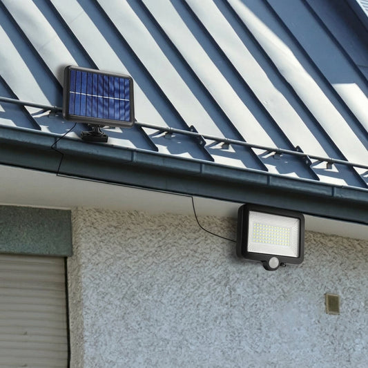 Solar-powered outdoor wall light with motion detection for illuminating home entrances, garage areas, and exterior walls after dark.
