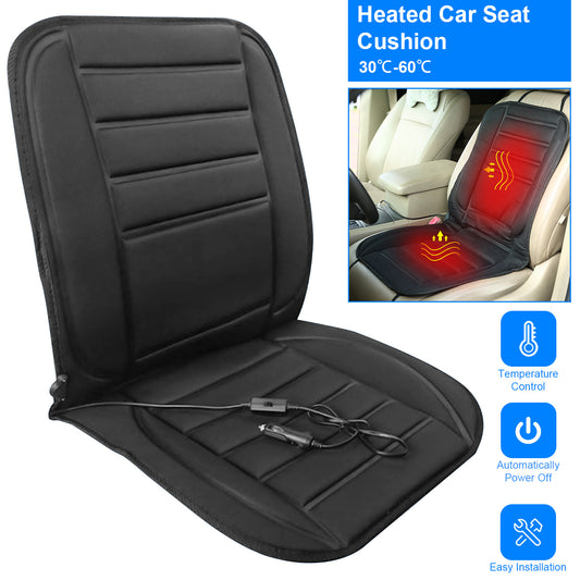 12V heated car seat cover designed to provide adjustable warmth for comfortable winter commutes and road trips.