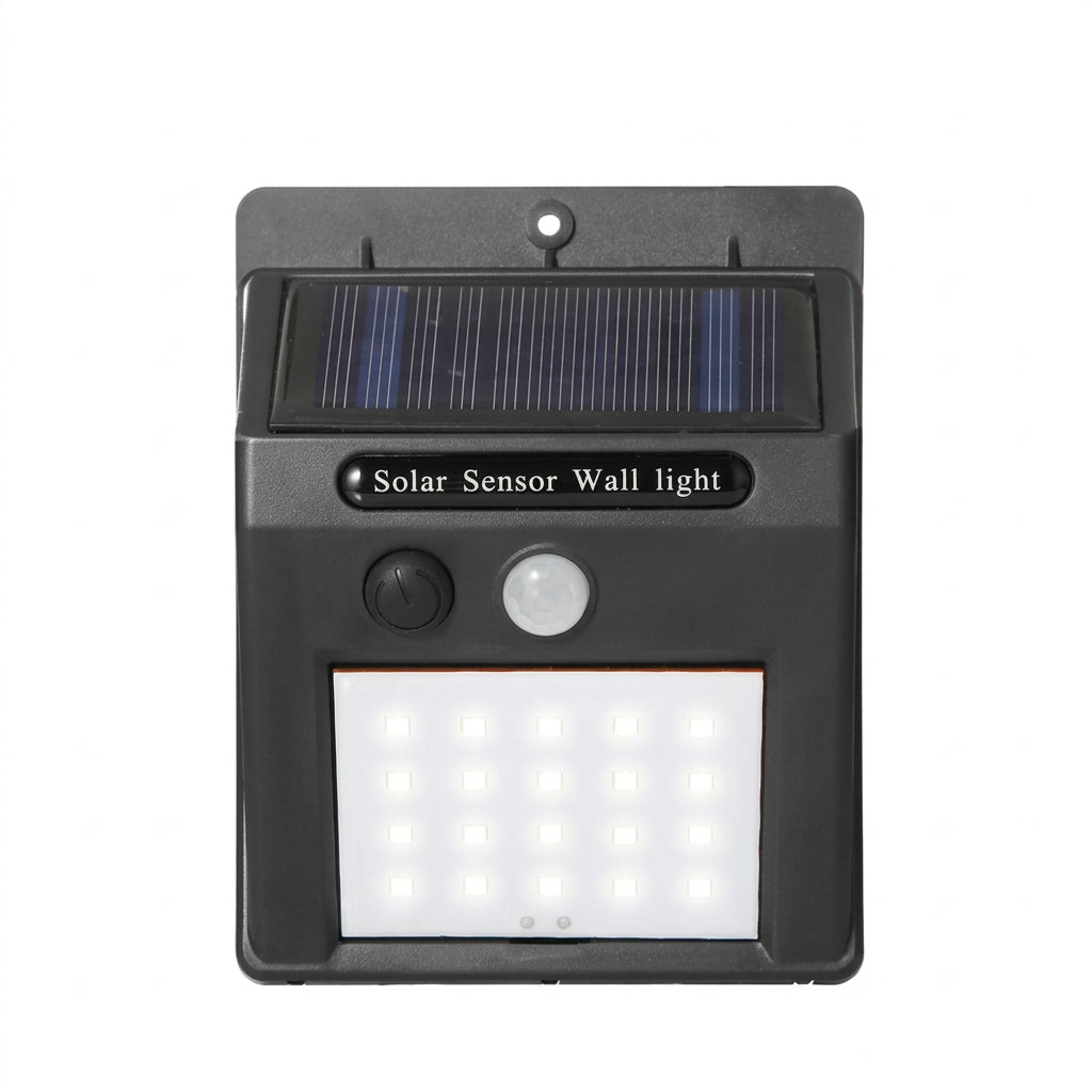 Solar-powered motion sensor light designed to illuminate outdoor entrances, fences, and pathways when movement is detected at night.