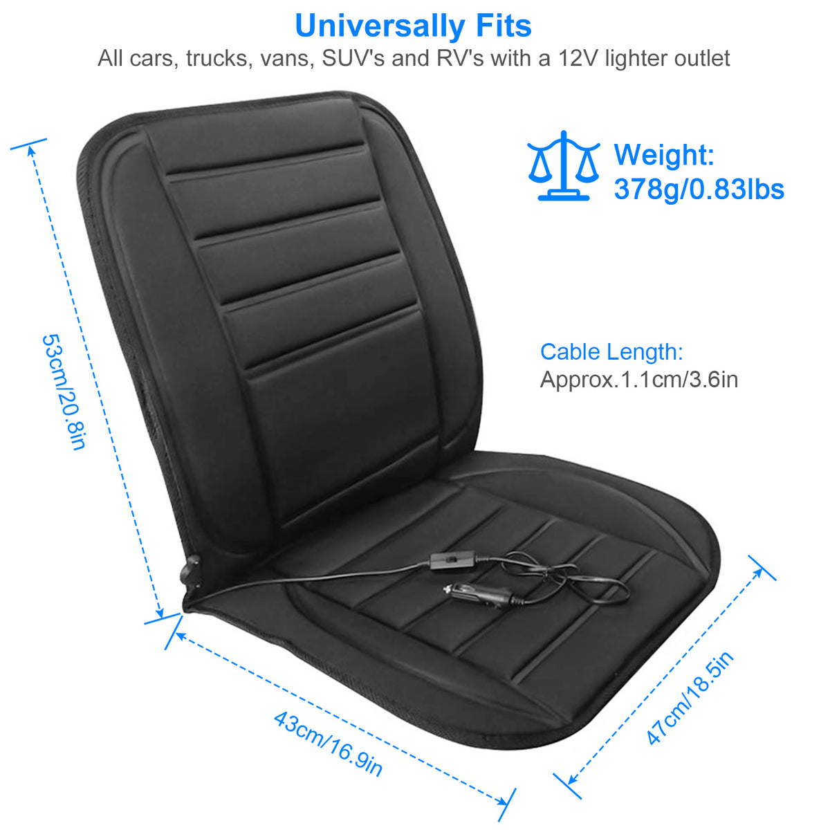 Close-up of a black heated car seat cushion featuring fabric upholstery, mesh backing, and sponge filling.