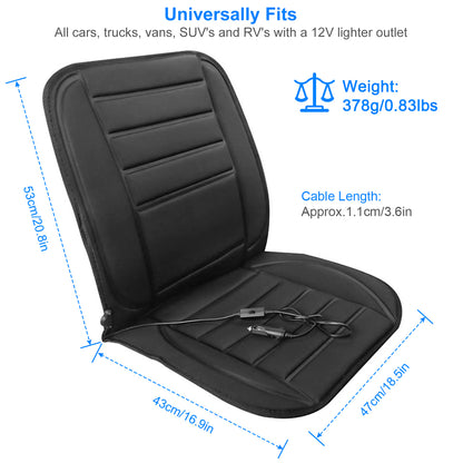 Close-up of a black heated car seat cushion featuring fabric upholstery, mesh backing, and sponge filling.