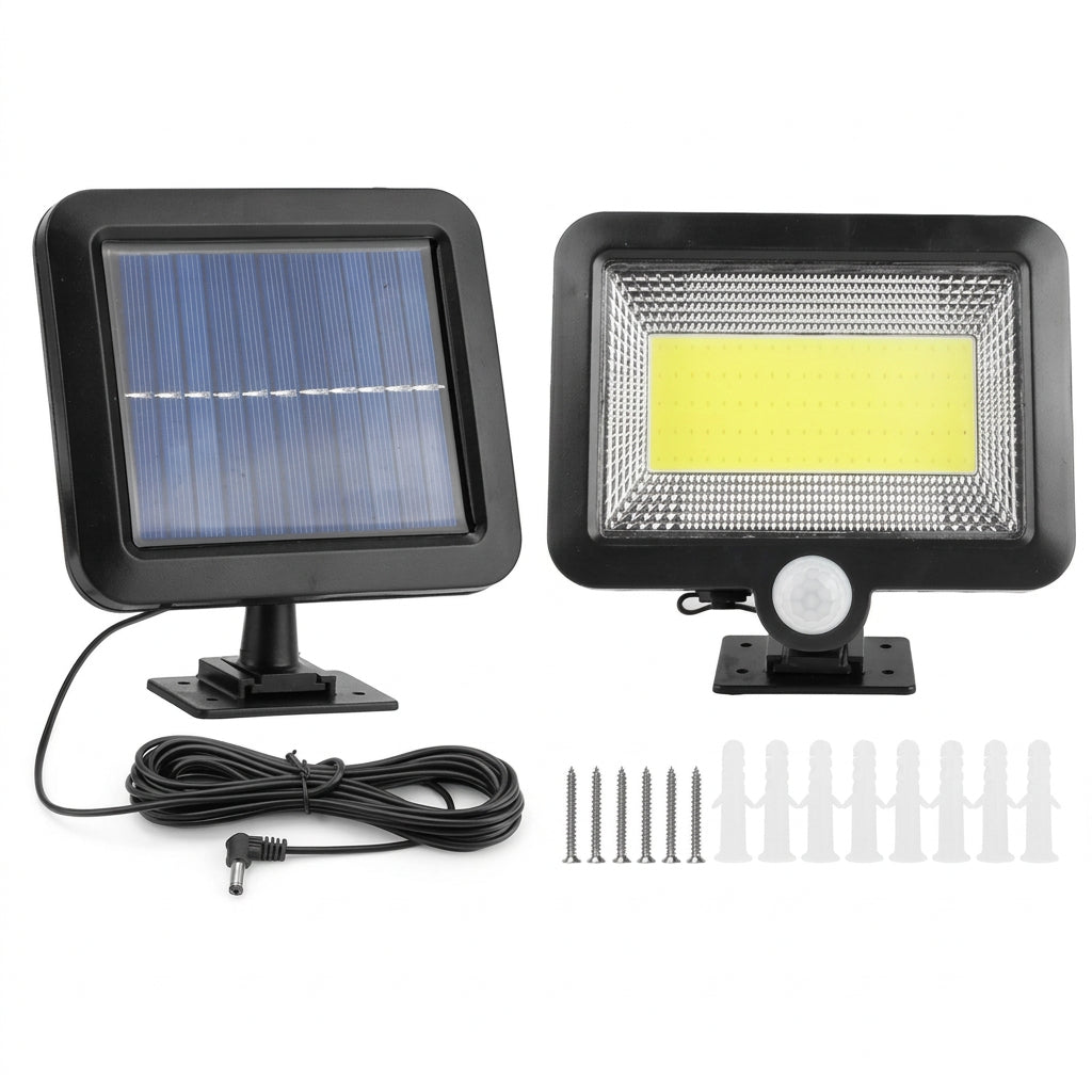 Solar outdoor wall light with an adjustable separate panel designed to capture sunlight for rechargeable battery power.