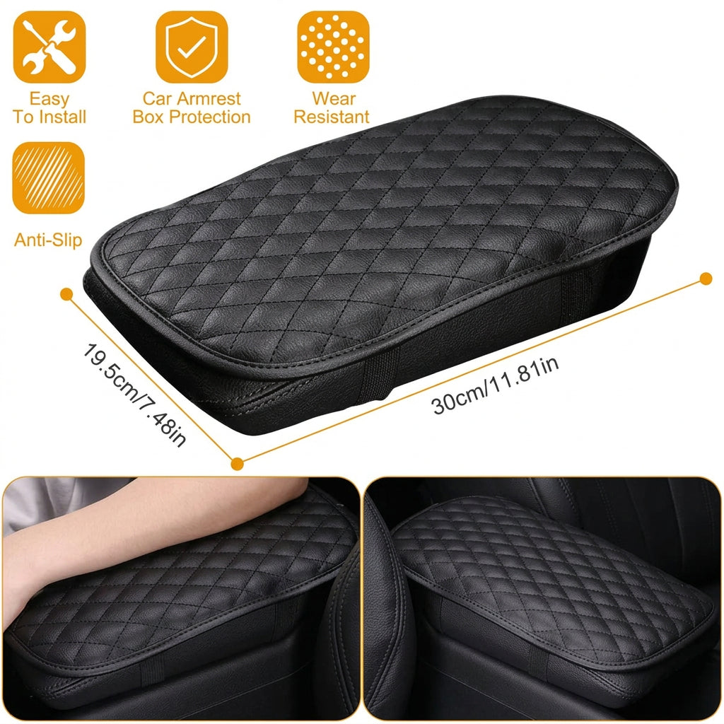 Simple black padded armrest cushion for adding comfort and a coordinated look to a vehicle's interior.