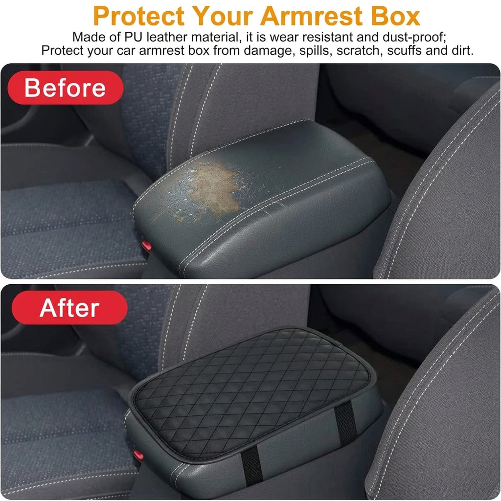 Black PU leather car armrest cover that helps protect the center console from dust, scuffs, and everyday wear.