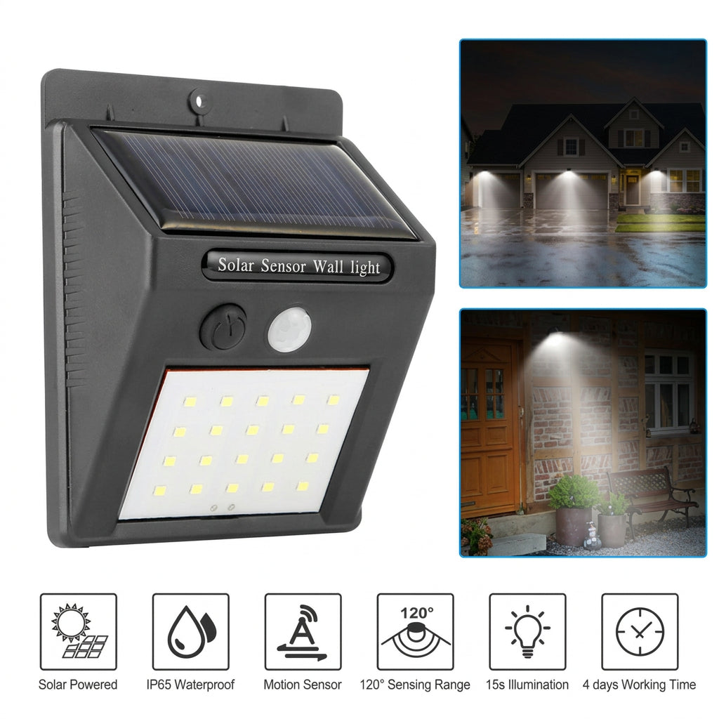 Black solar motion sensor light with 20 cool-white LEDs, a built-in solar panel, and automatic motion detection for outdoor use.