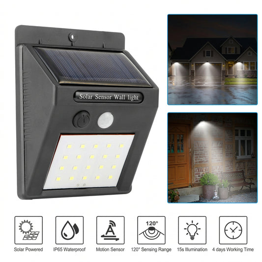 Black solar motion sensor light with 20 cool-white LEDs, a built-in solar panel, and automatic motion detection for outdoor use.