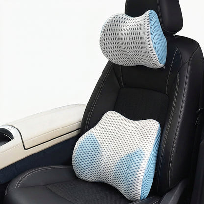 Car lumbar support cushion filled with memory foam for added cushioning against the lower back while seated.