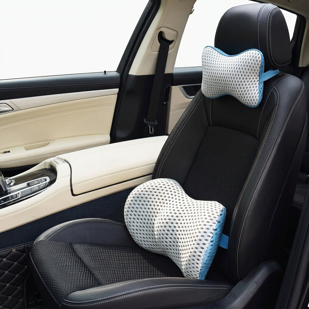 Zelorica memory foam car headrest and lumbar support cushions available individually or as a matching set.