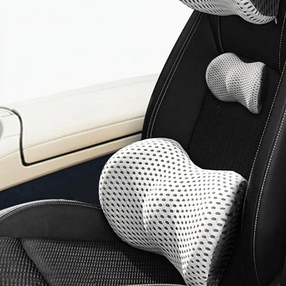 Car headrest and lumbar support cushions available in several color combinations to complement different car interiors.