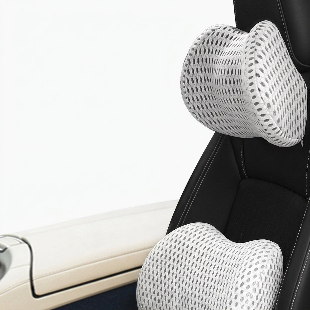 Close-up of a stitched polyurethane car support cushion filled with memory foam for everyday seating comfort.