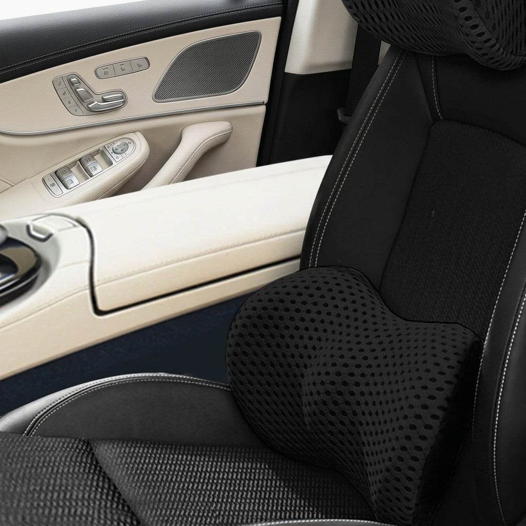 Memory foam headrest and lower back cushions for added cushioning during long drives and road trips.