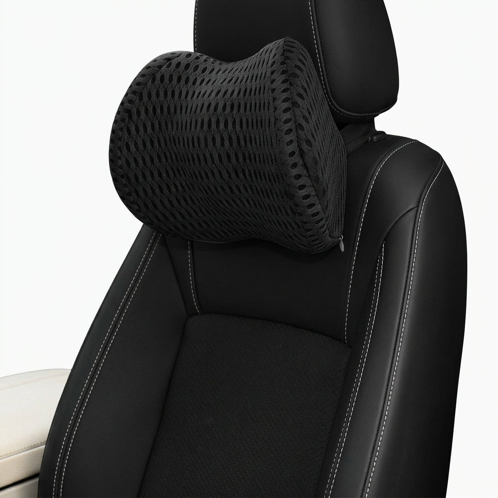 Car headrest and lumbar cushions designed to add padding to vehicle seats during commutes and everyday drives.