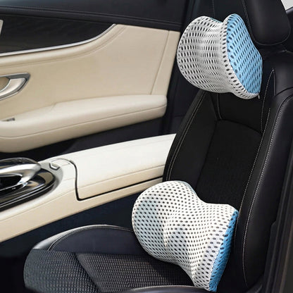 Memory foam car headrest cushion designed to provide a soft, padded resting surface for the head and neck.