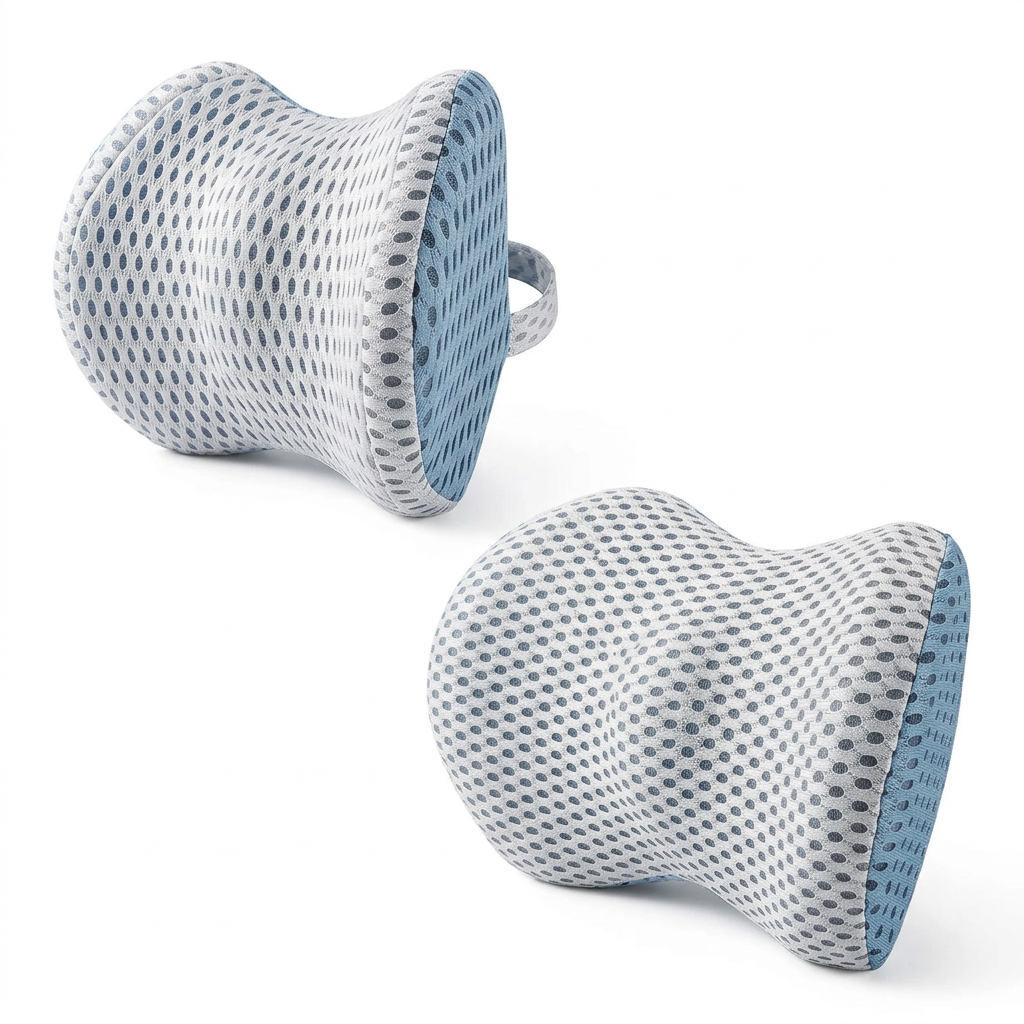 Memory foam car headrest and lumbar support cushion set with padded neck and lower back cushions for vehicle seating.