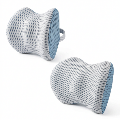 Memory foam car headrest and lumbar support cushion set with padded neck and lower back cushions for vehicle seating.