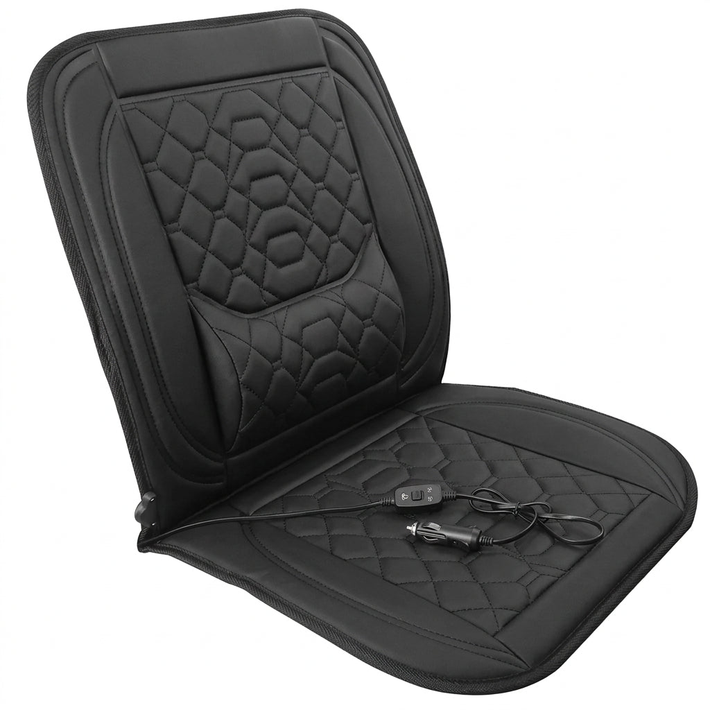 Black 12V heated car seat cushion with two adjustable heat settings for added warmth during cold-weather drives.
