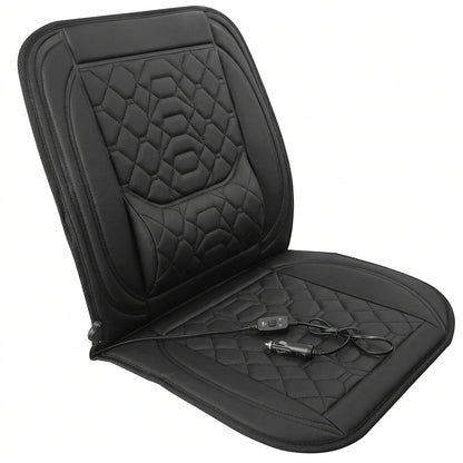 Black 12V heated car seat cushion with two adjustable heat settings for added warmth during cold-weather drives.