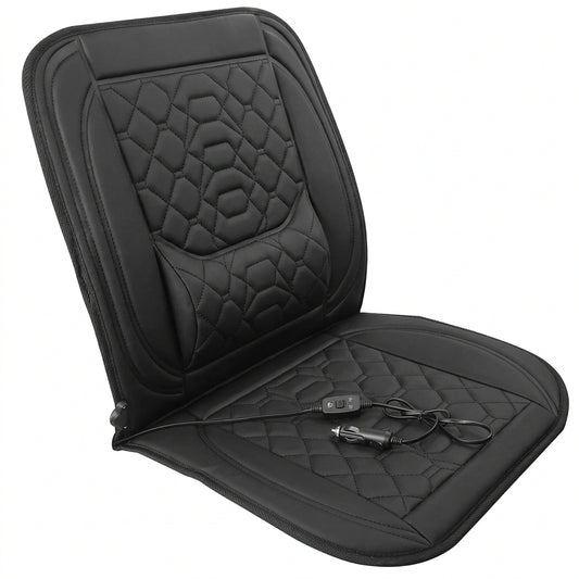 Black 12V heated car seat cushion with two adjustable heat settings for added warmth during cold-weather drives.