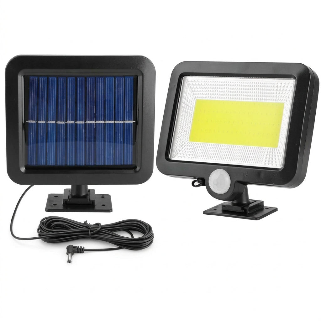 Black solar motion sensor wall light with 100 LEDs, a separate adjustable solar panel, and a 16.4-foot connecting cable.