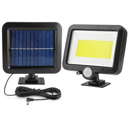 Black solar motion sensor wall light with 100 LEDs, a separate adjustable solar panel, and a 16.4-foot connecting cable.
