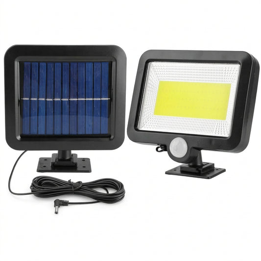 Black solar motion sensor wall light with 100 LEDs, a separate adjustable solar panel, and a 16.4-foot connecting cable.