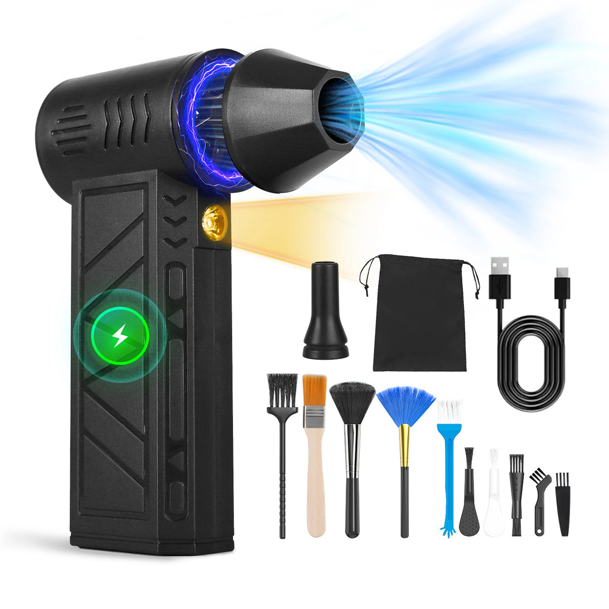 Black rechargeable electric air duster with cordless design for cleaning keyboards, electronics, and tight spaces.
