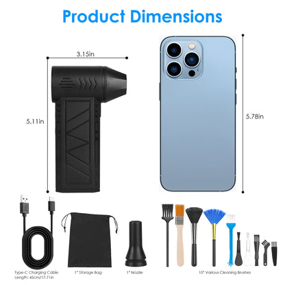 Portable electric air duster with adjustable airflow for removing dust from computer keyboards and laptop vents.