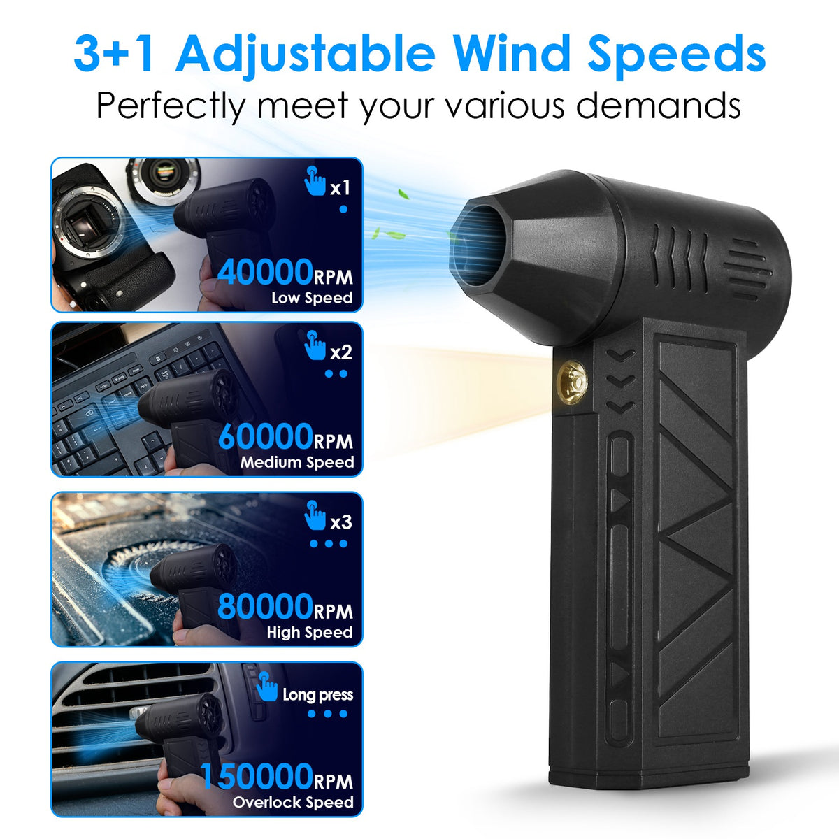 Rechargeable cordless air duster with built-in LED light for cleaning hard-to-reach areas and narrow gaps.