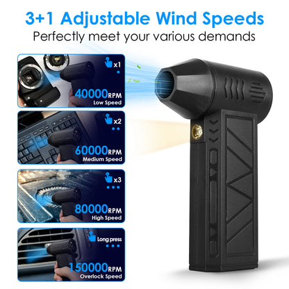 Rechargeable cordless air duster with built-in LED light for cleaning hard-to-reach areas and narrow gaps.