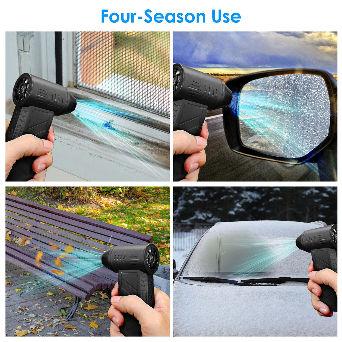 Cordless electric air duster with cleaning brushes and nozzle for reaching small gaps around electronic devices.