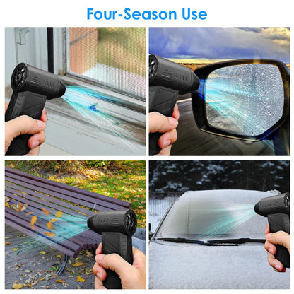 Cordless electric air duster with cleaning brushes and nozzle for reaching small gaps around electronic devices.