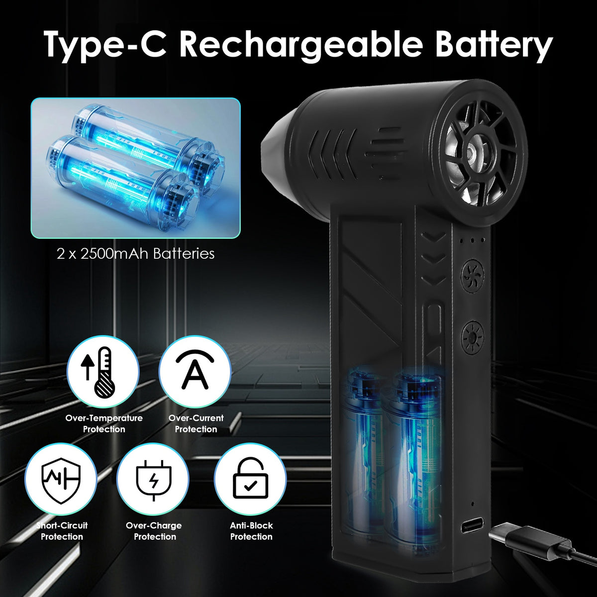 Compact handheld air duster with USB Type-C charging for convenient cleaning at home, in the office, or in the car.