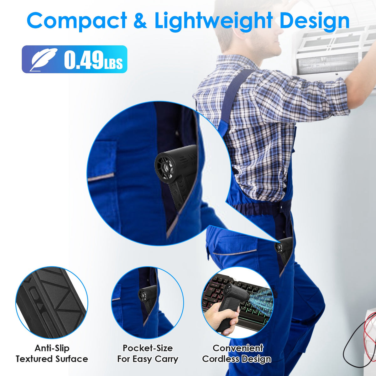 Portable rechargeable air duster for blowing loose dust and debris from car interiors and narrow crevices.