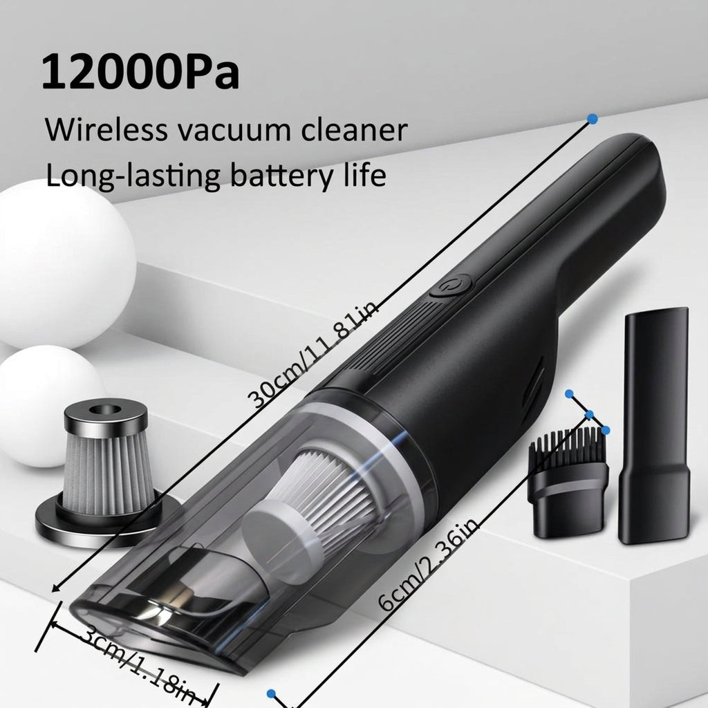Compact handheld car vacuum for collecting dust, crumbs, and loose debris from vehicle seats and floor mats.