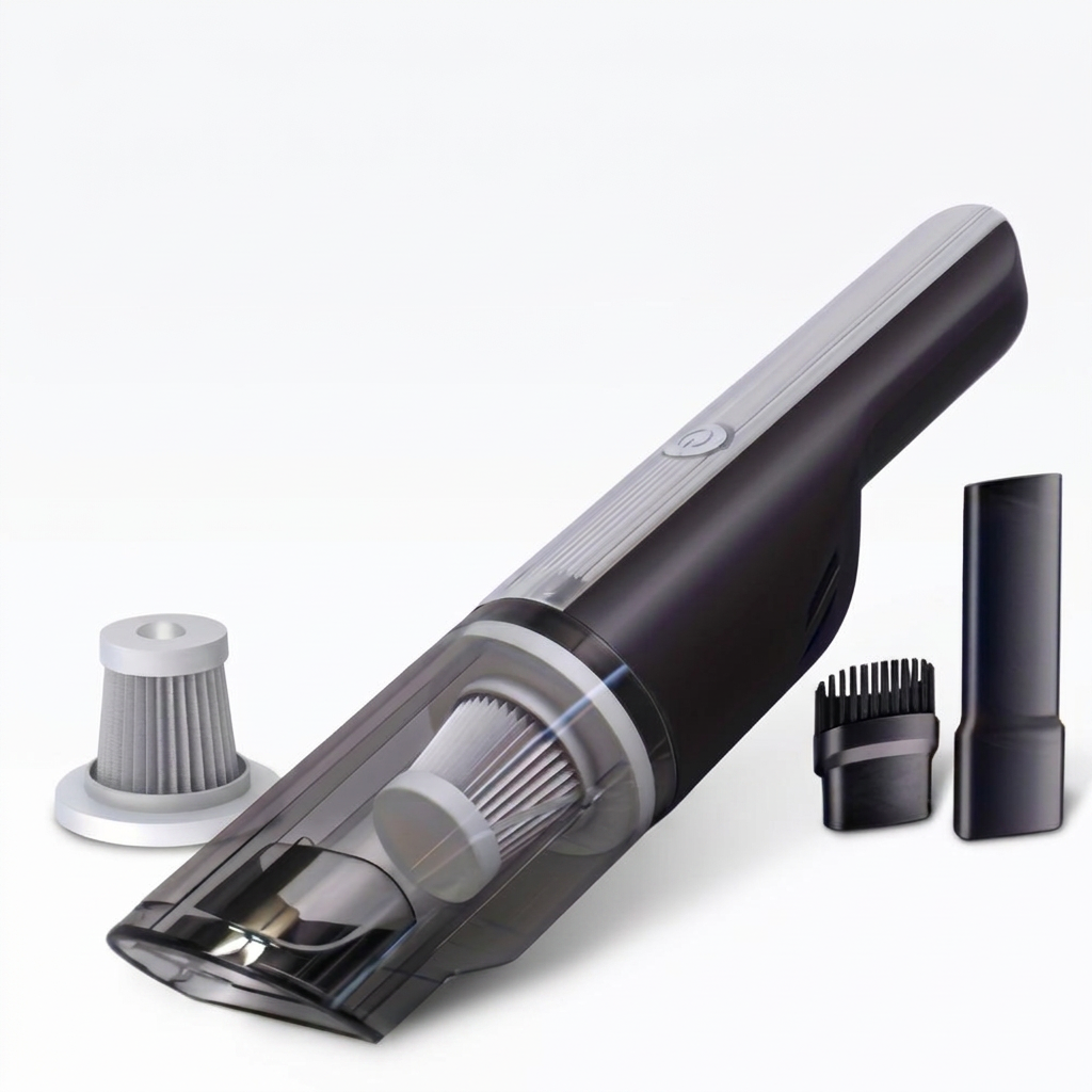 Red rechargeable handheld vacuum cleaner with a compact cordless design for cleaning car interiors and small household spaces.