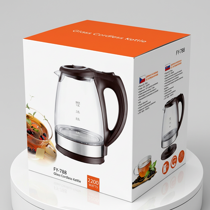 Glass electric kettle with a wide opening and stainless steel filter for convenient everyday hot water preparation in a home kitchen.