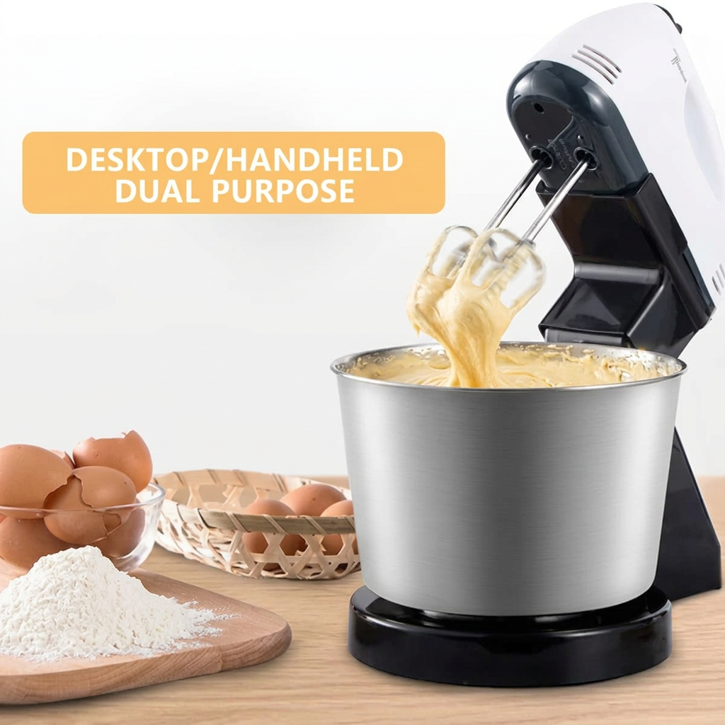 Older woman shopping online for a compact white electric stand mixer to prepare cake batter, whip cream, and mix ingredients at home.