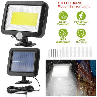Black 100-LED solar wall light designed to provide motion-activated lighting near garage entrances and driveways.