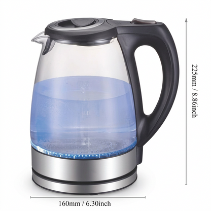 1200W glass electric water boiler with a 1.7L capacity and stainless steel filter for preparing hot water in the kitchen.