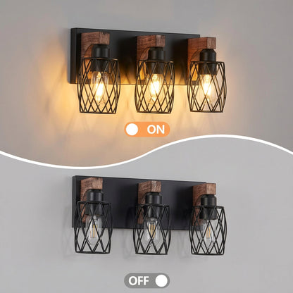 Three-light indoor wall fixture with an open black metal cage and walnut-tone wood detail for decorative accent lighting.