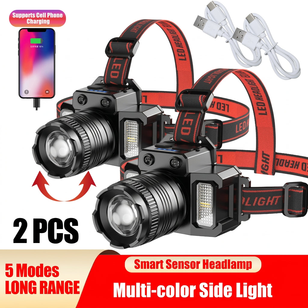 Black rechargeable headlamp with adjustable focus and a 90-degree tilting light for directing illumination where needed.