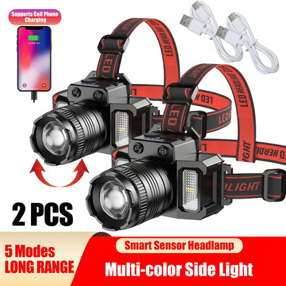 Black rechargeable headlamp with adjustable focus and a 90-degree tilting light for directing illumination where needed.