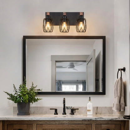 Industrial-style wall light with three exposed bulb spaces and wood accents for hallway or entryway decoration.