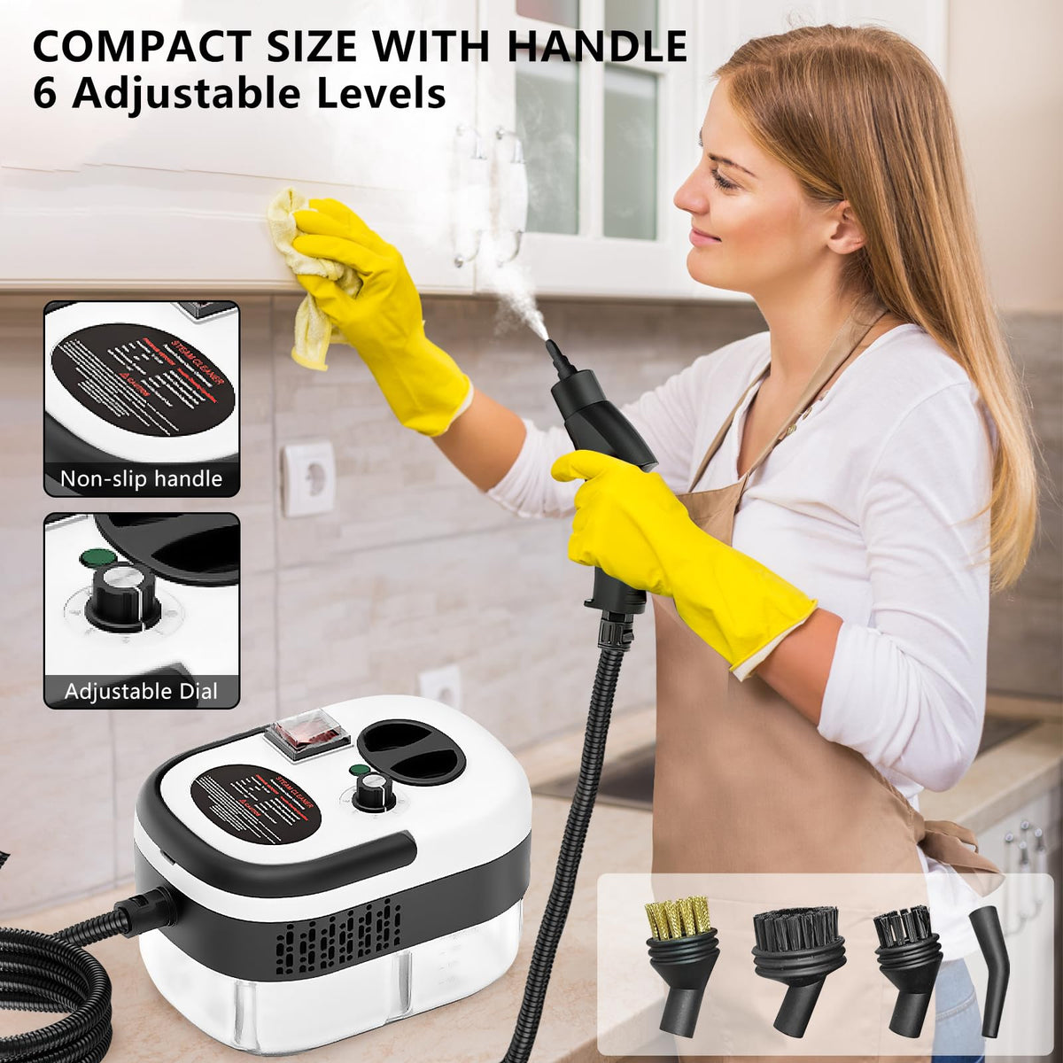 Handheld steam cleaner with accessory brushes and nozzle attachments for versatile home cleaning.