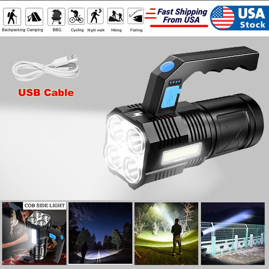 Rechargeable handheld LED flashlight for household power outages, dark rooms, and everyday emergency preparedness.