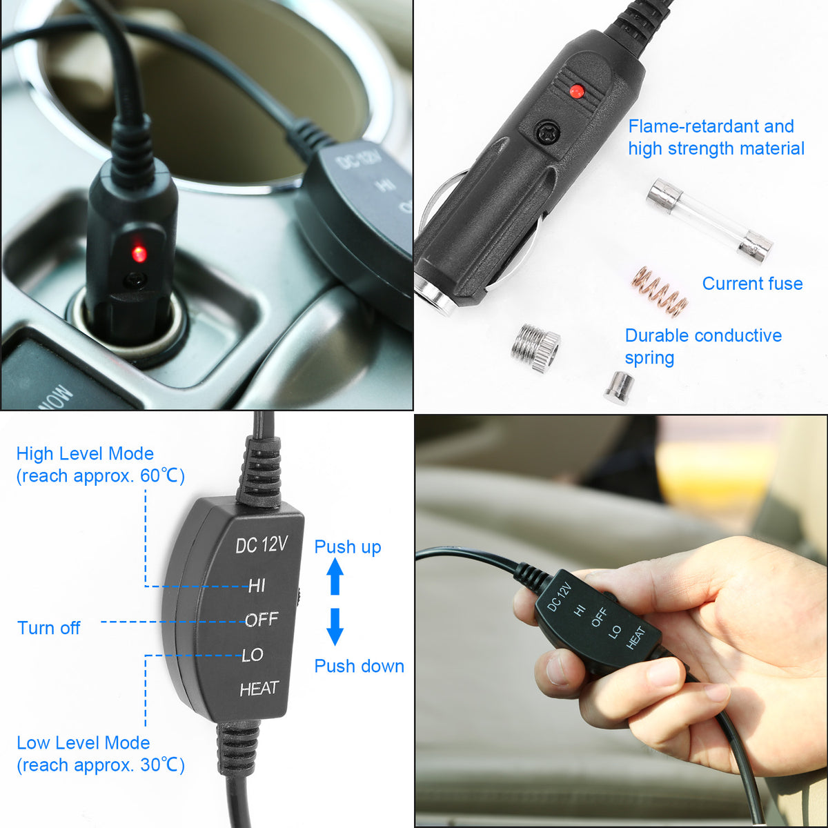 Black heated car seat cushion with low and high heat settings for customizable warmth while driving.