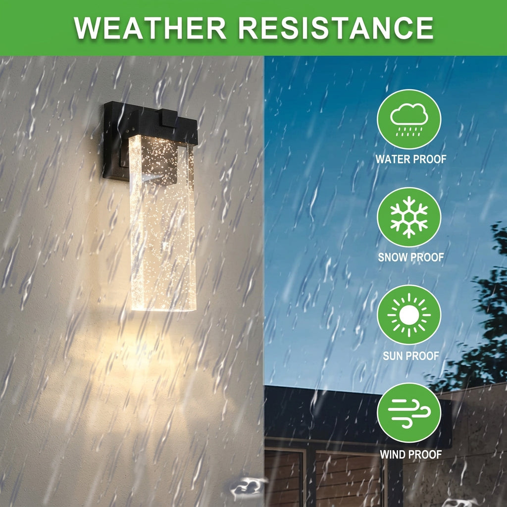 Two modern black exterior wall lights with clear decorative shades for porch and patio lighting.